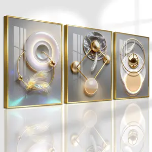 3 Count Aluminum Alloy Frame Canvas, Fashion Poster, Abstract Golden Feather Geometry Art, Modern Living Room Decoration, Light Luxury Family Art, Suitable For Bedroom, Corridor And Office Wall Decor, Gift
