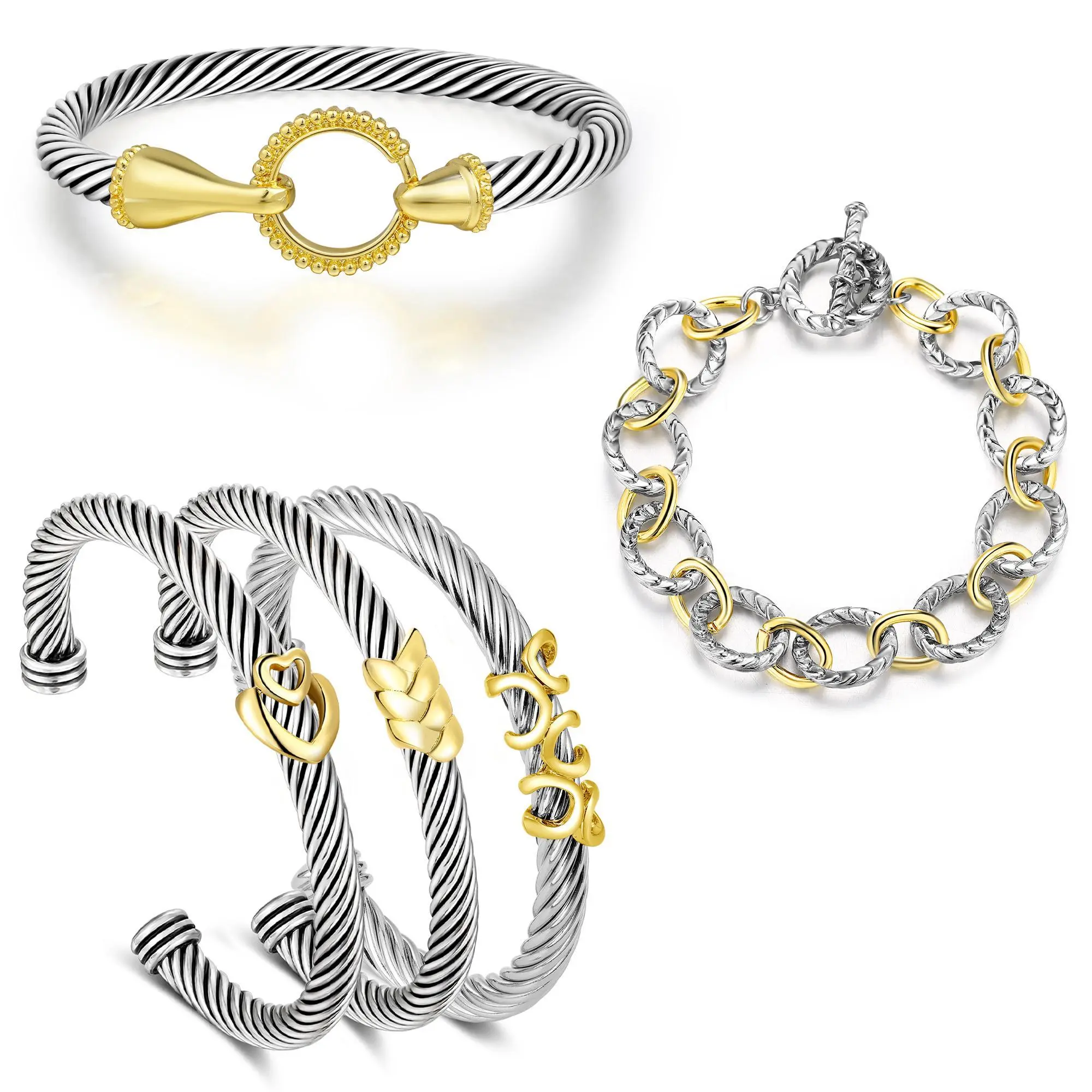 Aprilery 5PCS Stackable Twisted Cable Bracelet Set – Adjustable Two-Tone Cuff & Chain Link Design Jewelry Perfect Mother's Day Gift tiktokshopbacktoschool