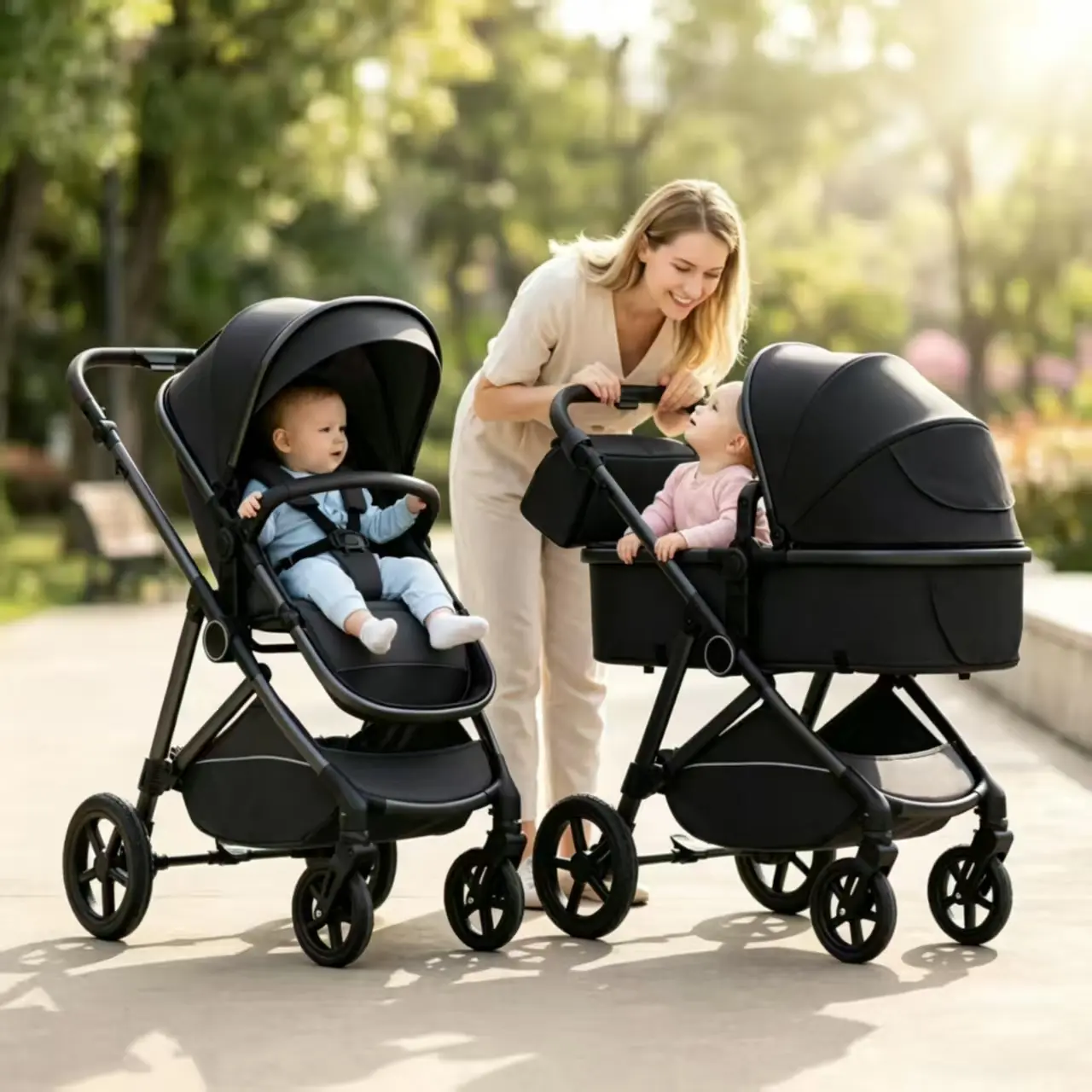B.childhood Two Way Baby Stroller High Landscape Infant Stroller Foldable Pushchair with Adjustable Canopy Storage Basket 5 Point Harness Mom Bags