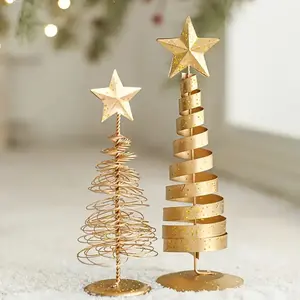 Golden Mini Christmas Tree Set, Elegant Tabletop Decoration, Sturdy Base, Vintage Design, Perfect for Home & Office, No Power Required, Ornaments Decor