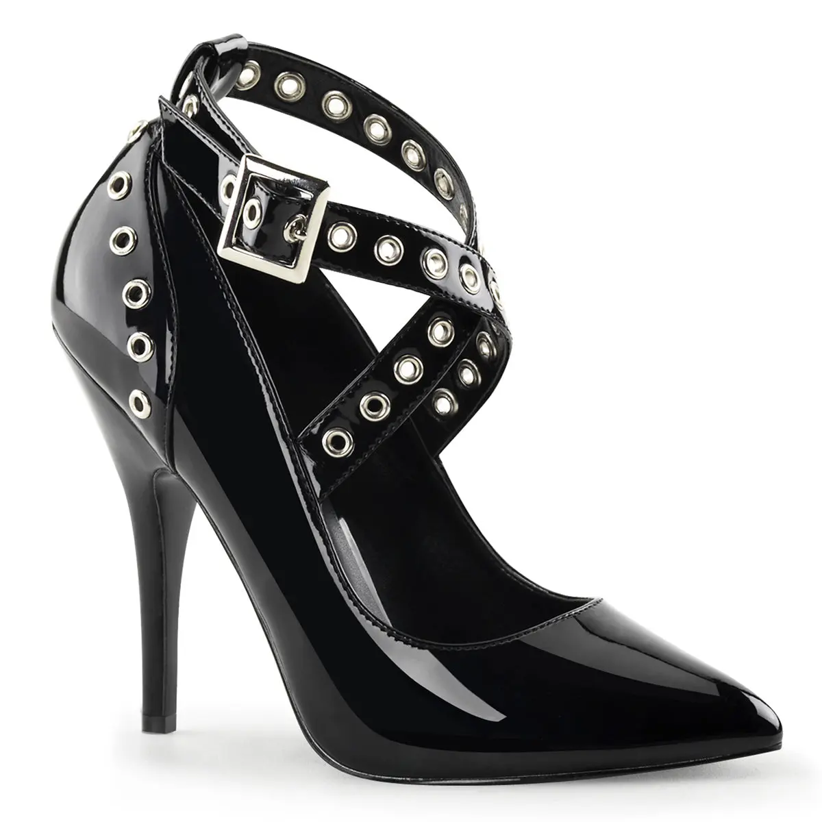 Women's Stylish Crisscross Strap High Heel Pumps - Elegant Pointed-Toe Patent Footwear, 5-Inch Stiletto Heeled Shoes with Eyelets, Women's Size 5-16 High Heels