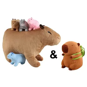 Capybara Plush Set Mom & 4pcs Plush Toys w/ Capybara with Bag for pets family set