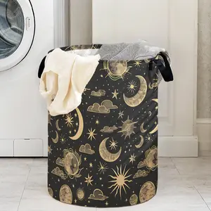 Foldable Laundry Basket with Handles, Sun Star Moon Print Design, Durable Material, Large Capacity Storage Bin for Clothes & Toys