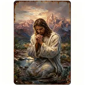 Vintage Distressed Metal Tin Sign, Praying Jesus Christ Mountain Stream Sunset Oil Painting Wall Plaque, Rustic Religious Christian Faith Spiritual Wall Art Decor For Living Room Church Prayer Room Cabin Retro Kneeling Praying Iron Wall Sign