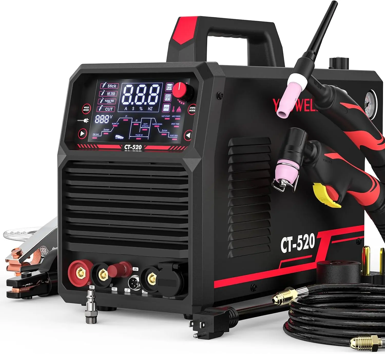 YESWELDER CT-520 5-in-1 TIG Welder & Plasma Cutter, 110/220V CT-520 | CUT/HF TIG/Pulse TIG/Spot Welding/Stick Coverage in One Setup, Daily Shop Flexibility, Digital Display Monitoring