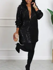 Contrast Sequin Solid Shirt, Casual Button Front Long Sleeve Shirt, Women's Clothing