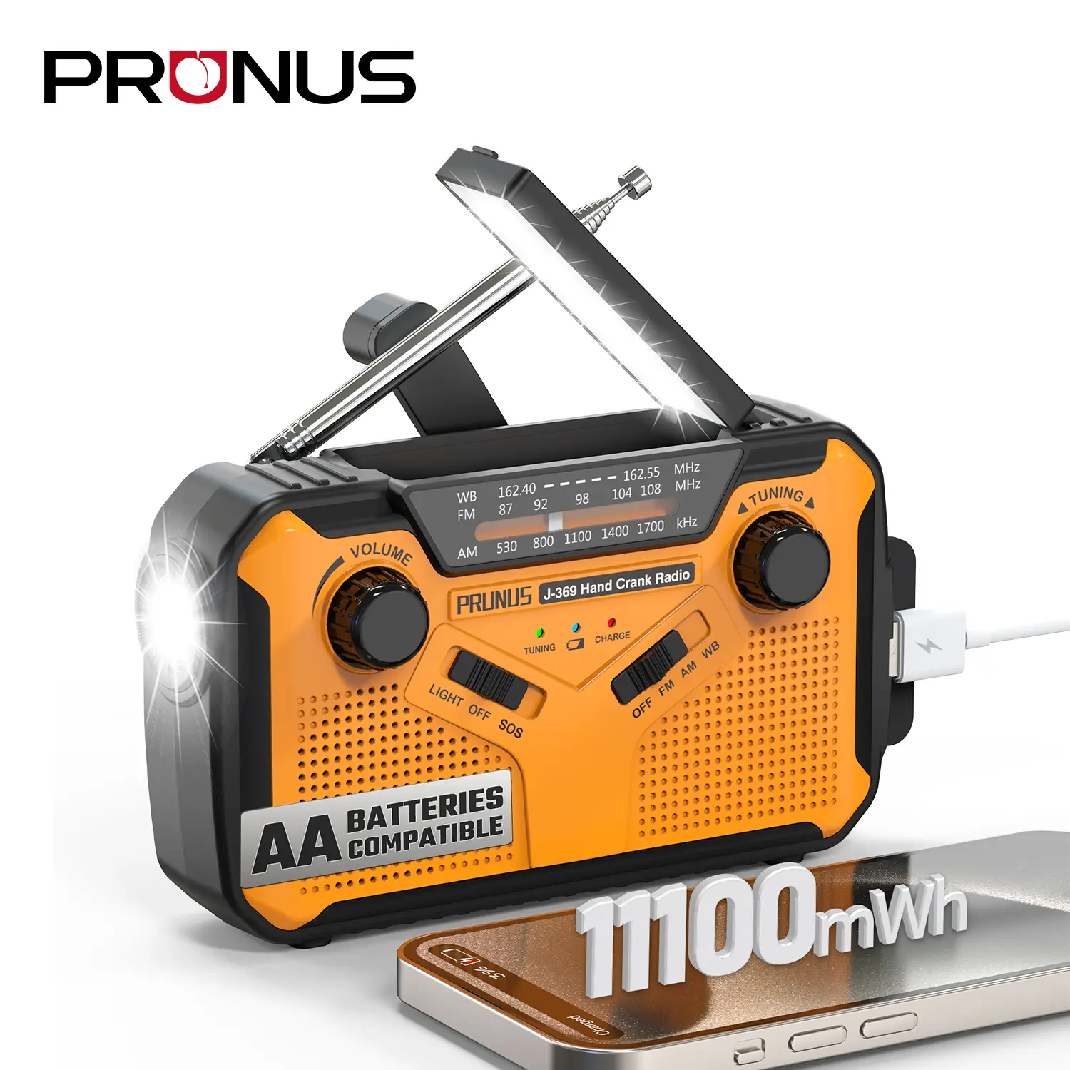 PRUNUS J-369 11100mWh Emergency Weather Radio, AA Batteries/Hand Crank/Solar/USB Charging, NOAA/AM/FM, LED Flashlight and Reading Lamp,SOS Alarm & Fla