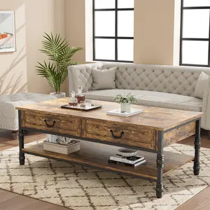 Rustic Wood Coffee Table with 2 Drawers & Storage Shelf – Rectangular Center Table for Living Room, Office, Farmhouse Decor