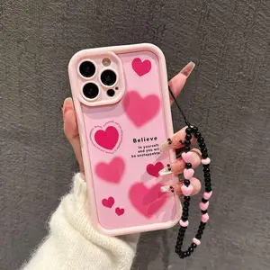 Heart Pattern Phone Case with Beaded Lanyard, Decorative Phone Protector Cover, Phone Accessories Compatible with iPhone 11 12 13 14 15 Pro Max, Casing