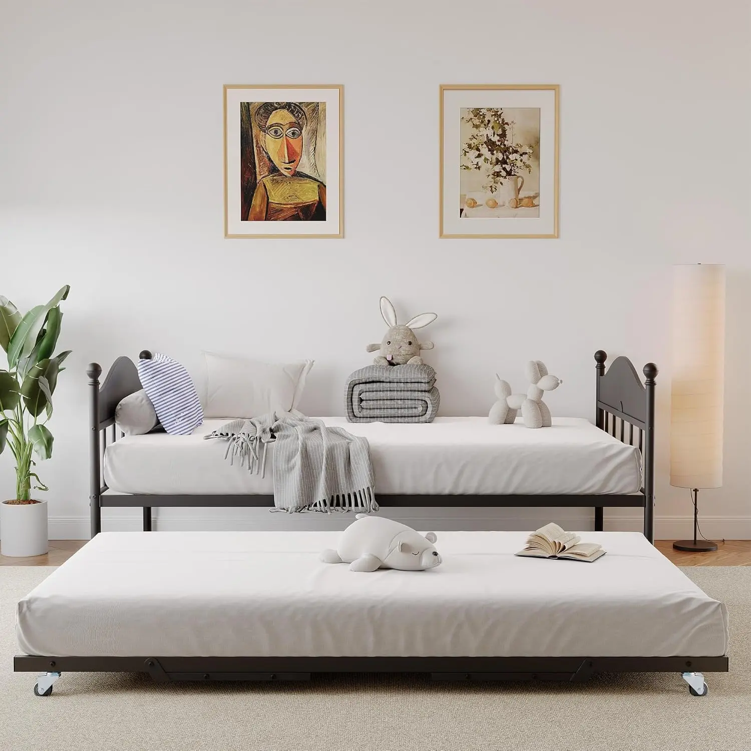Daybed with Trundle, Metal Twin Size Day Bed with Stylish Headboard, Sofa Bed Frame with Pop Up Foldable Trundle Bed, Heavy Duty Steel Slats Platform for Living Room, Bedroom and Guest Room