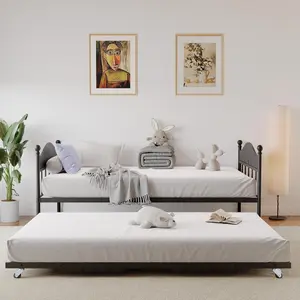Daybed with Trundle, Metal Twin Size Day Bed with Stylish Headboard, Sofa Bed Frame with Pop Up Foldable Trundle Bed, Heavy Duty Steel Slats Platform for Living Room, Bedroom and Guest Room