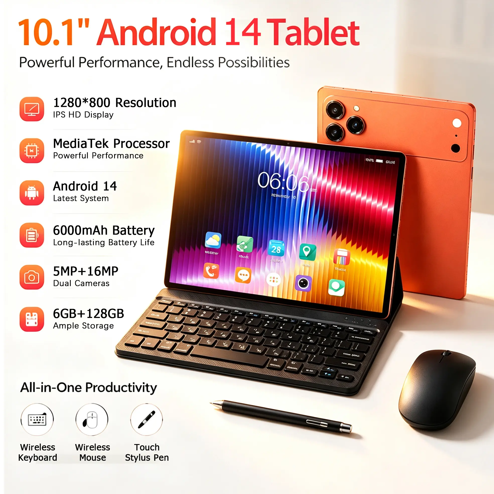 A 10.1-inch Android 14 tablet with a keyboard, mouse, stylus, and protective case; 6GB of RAM; 128GB of internal storage; WiFi support; a 5MP + 16MP dual-camera setup; support for 1TB SD card expansion; and a 6000mAh battery.