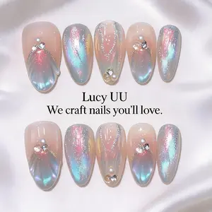 【Lucy UU】Mermaidcore Iridescent Shell Press-On Nails Handmade 3D Scale Glitter Acrylic Fake Nails Aurora Dreamy Oval Reusable