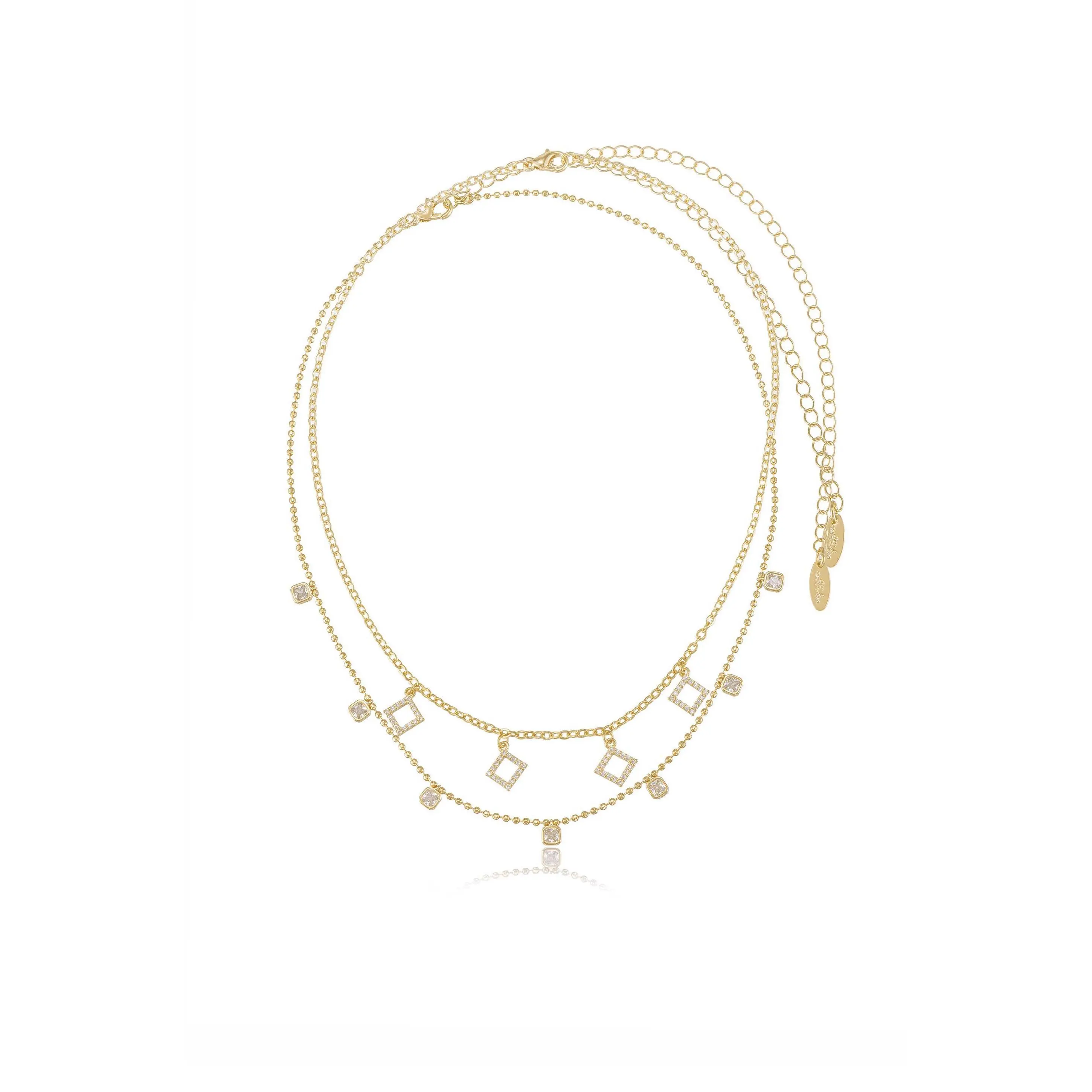 Crystalline Necklace Set – 18K Gold Plated CZ Layered Necklaces (2-Piece), Dainty Adjustable Crystal Chain Set