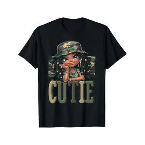 Cute Camo Dreadlocks Girl Graphic T-Shirt, 100% Cotton Casual Short Sleeve Tee for Women, Black/White Summer Streetwear Top