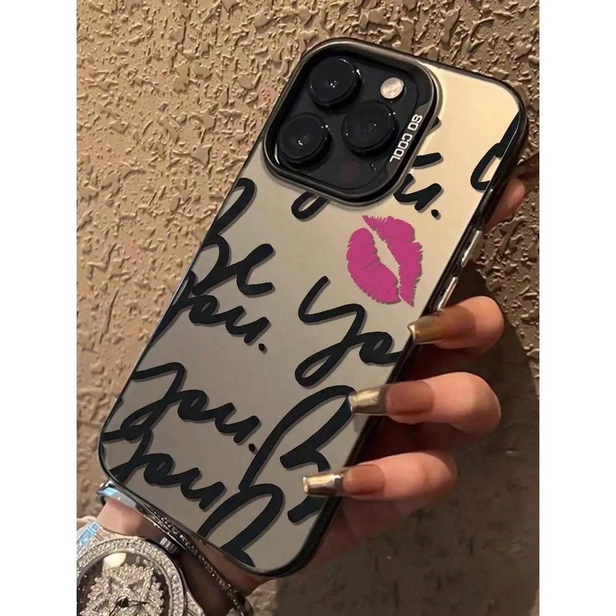 Personalized lip print English text pattern with reflective effect phone case, compatible with iPhone 17/16/15/14/13/12/11/X/XS/XS Max/16E, waterproof, shockproof, and scratch-resistant, making it a perfect holiday gift for friends, family, or yourself.,,