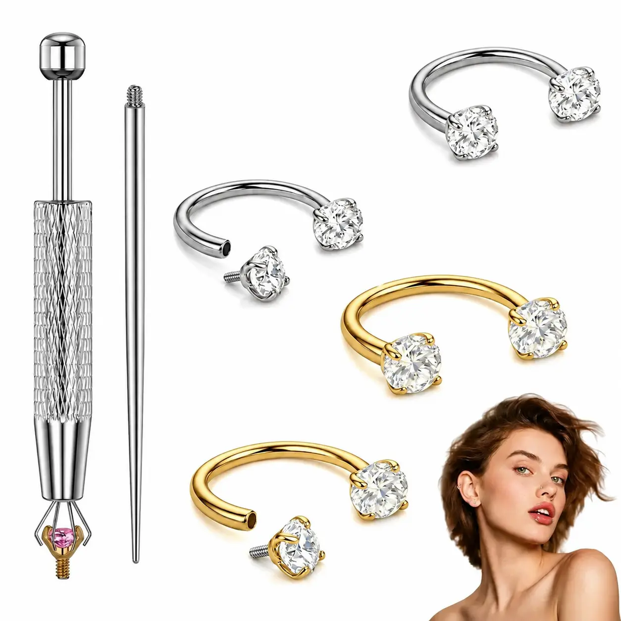 18G Basic Unisex Surgical Grade Titanium Steel Nose Rings Set with Gemstones, Includes Insertion Tool, Threaded Horseshoe, Daith Cartilage Helix Bar, Labret Stud Replacement & Body Jewelry Picker Tool stainless cz 8g septum floating navel belly piercing c