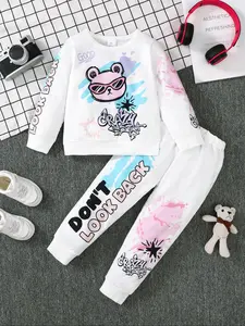 Two-Piece Set Toddler Girl's Cartoon Bear Print Sweatshirt & Elastic Waist Sweatpants Set, Casual Street Long Sleeve Pullover & Jogger Pants, Spring & Fall Clothes for Kids Outdoor Sports