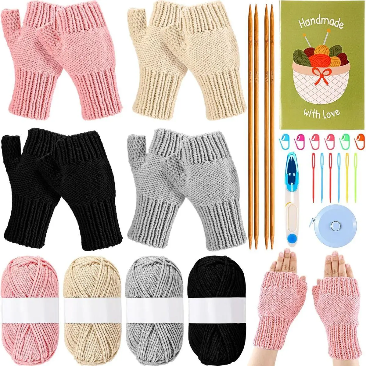 4 Pairs Knitting Kit for Beginners Adults Learn to Knit Gloves Hat Scarf Complete Knitting Crochet Starter Kit with Yarn Needles Stitch Markers Instruction Craft DIY Gift for Women Men Winter