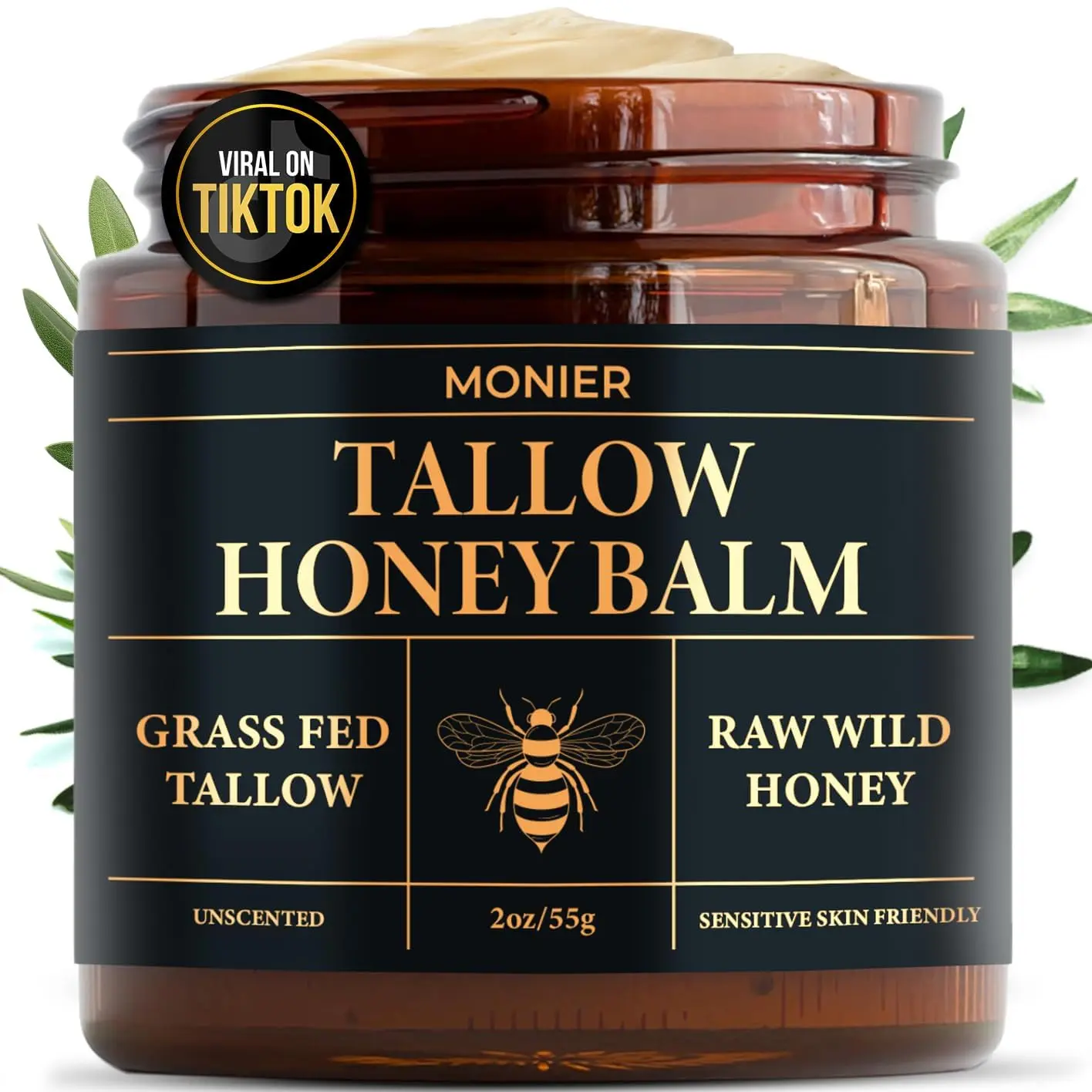 MONIER Beef Tallow and Honey Balm for Skin and Face – Moisturizer | 100%Organic Grass-Fed Beef Tallow & Raw Wild Honey, Natural Formula For Dry & Sensitive Skin, 2oz, Unscented