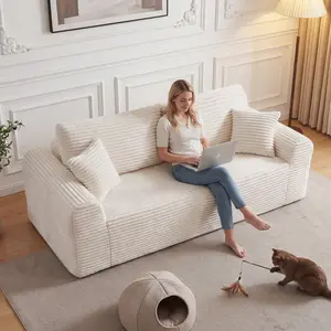 3-Seater Cloud Couch Sofa, 3-Seater Foam Sofa Love Seat, 26.4" Ultra Deep Seat Corduroy Boneless Sofa, Low-Profile Floor Sofa for Living Room with 2 Pillows, Comfy Frameless Design (White)