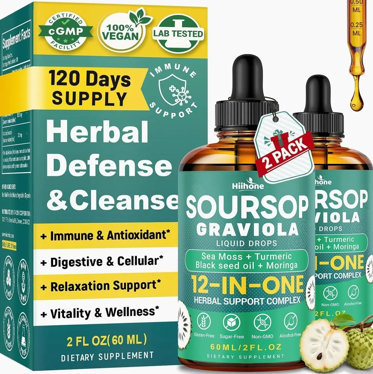 HIIHONE (2 Pack 12 in 1 Soursop Bitters Liquid Drops with Sea Moss, Moringa, Turmeric, Black Seed Oil for Immune, Digestive & Antioxidant Support, 2 Fl Oz
