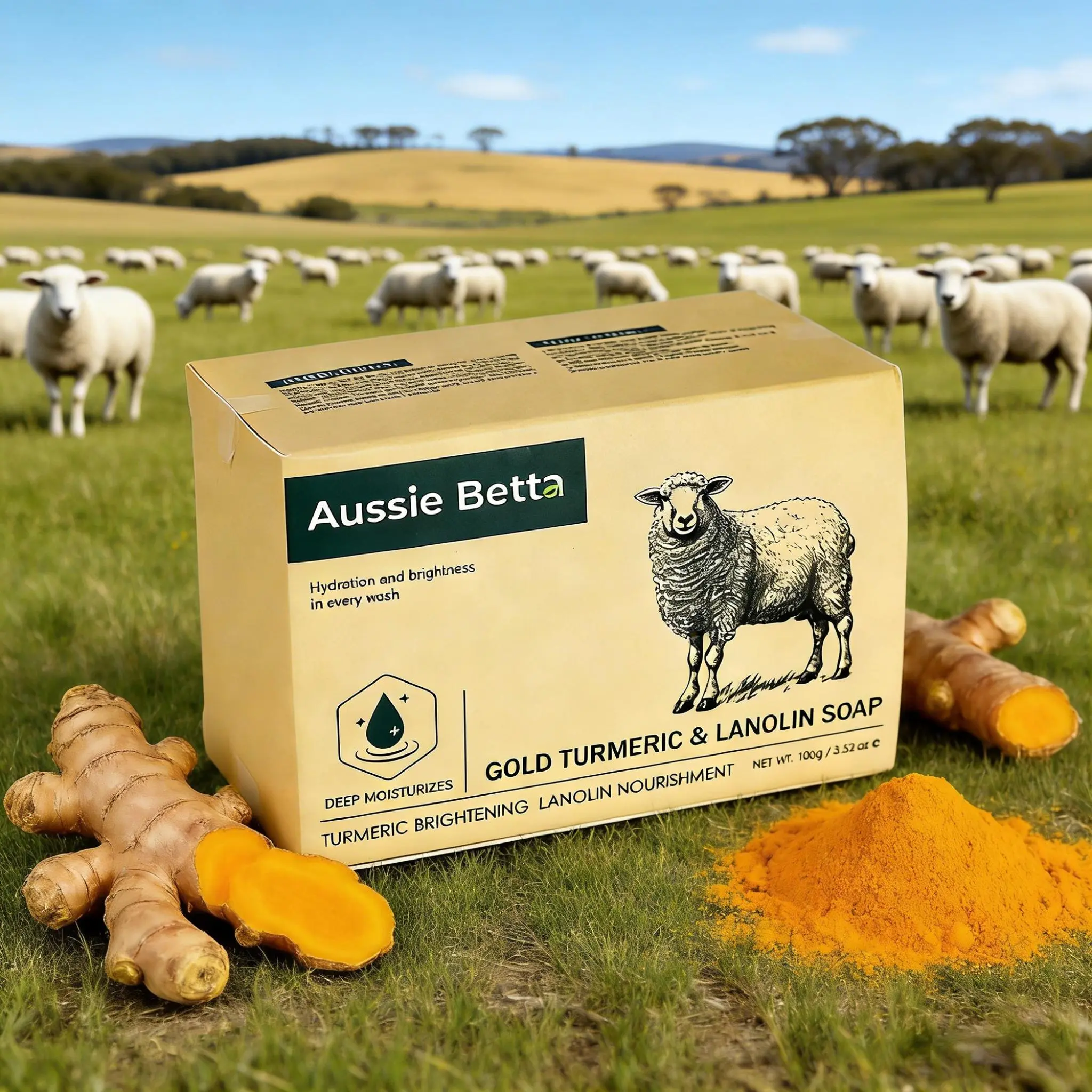 Aussie Betta Gold Turmeric & Lanolin Daily Body Care Cleanser Soap with Shea & Tea Tree - Deep Moisturizes, Brightens Skin - 100g, Gentle, Honey, Nourishing, Sensitive, Brightening, Skin Repair, Smooth