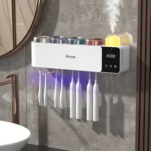 iHave Toothbrush Holders with UV Toothbrush Sanitizer & Aromatherapy Diffuser - Toothbrush Holder for Wall Mounted Toothbrush Organizer, Toothbrush Sanitizer and Holder with Night Light, Clock, Turbo Air Heated Drying – Bathroom Organizing with 4 Cups
