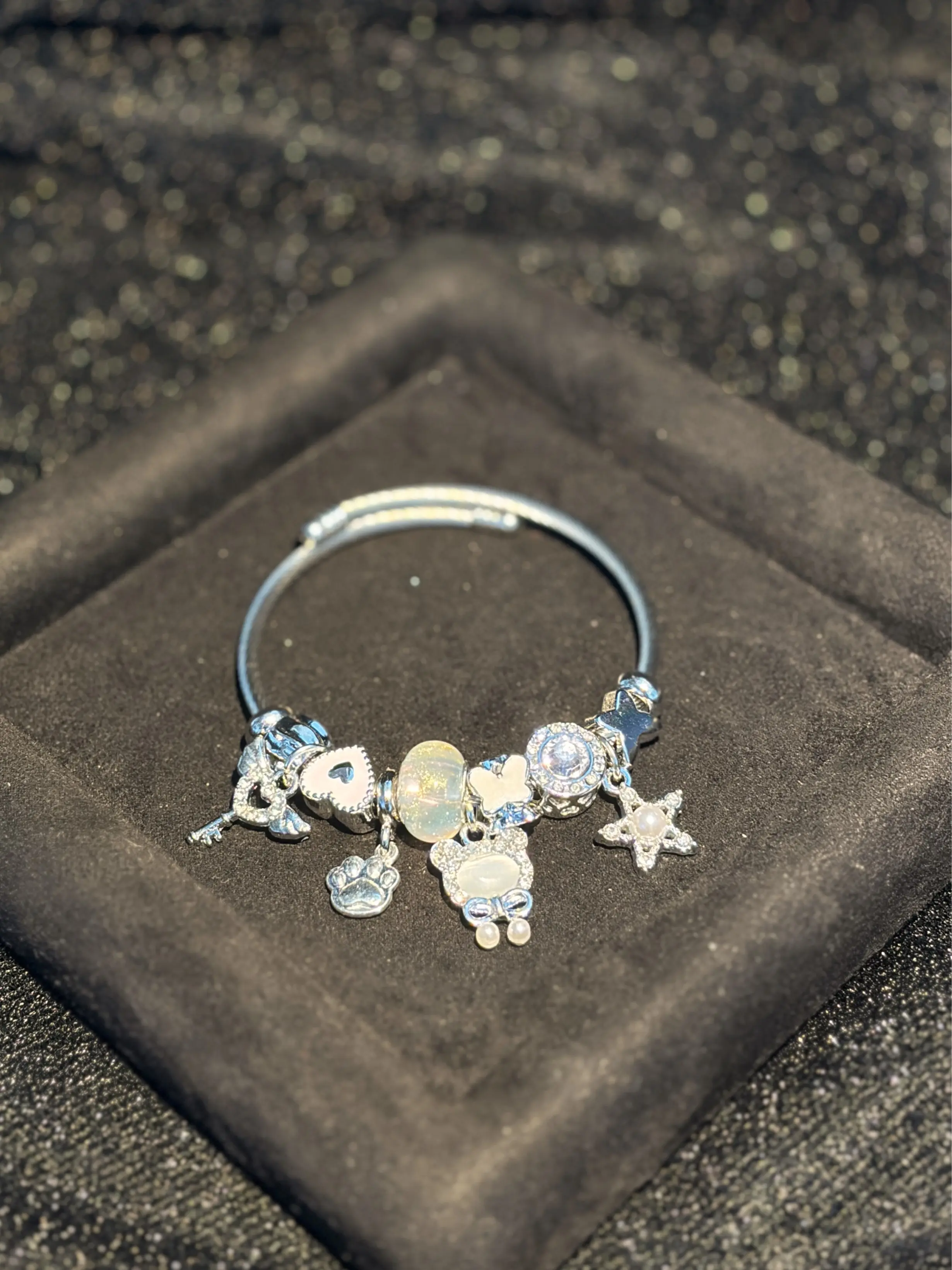 Women's Silver-Tone Open Cuff Bangle Bracelet with Cat Paw, Heart, Star, Butterfly Dangle Charms - Costume Jewelry Gift