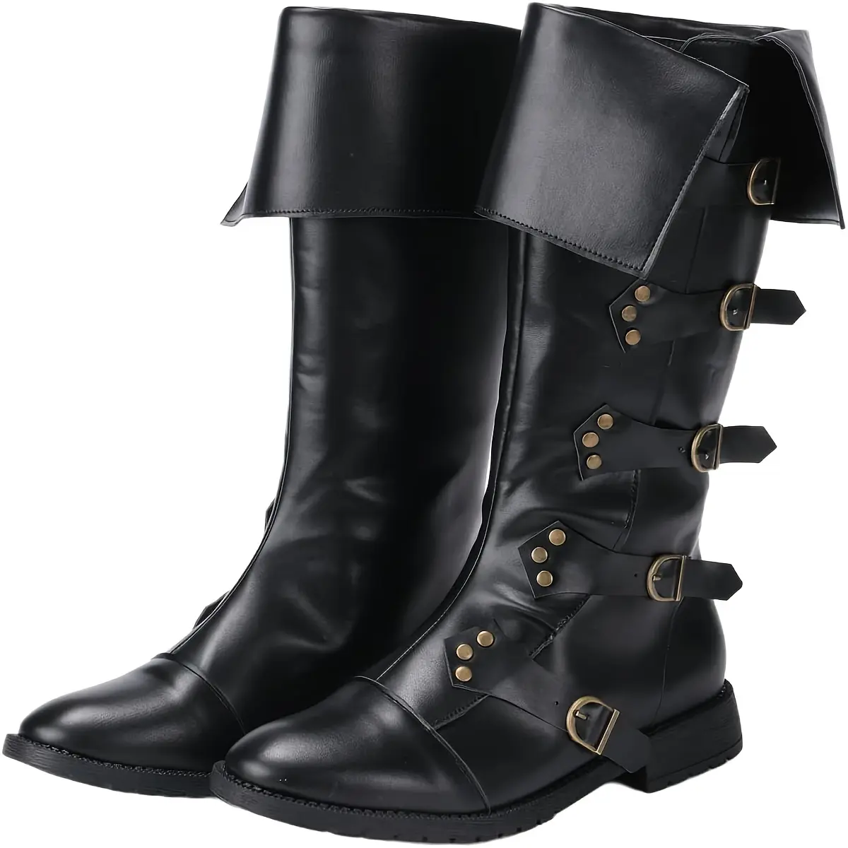 Zotixvox Men's Medieval Round Toe Mid-Calf Pu Leather Footwear - Punk Steampunk Cuban Statement Boots, Plain Synthetic, Rubber Sole, Zip Fasten for Halloween Cosplay Costume Accessory, Punk Style