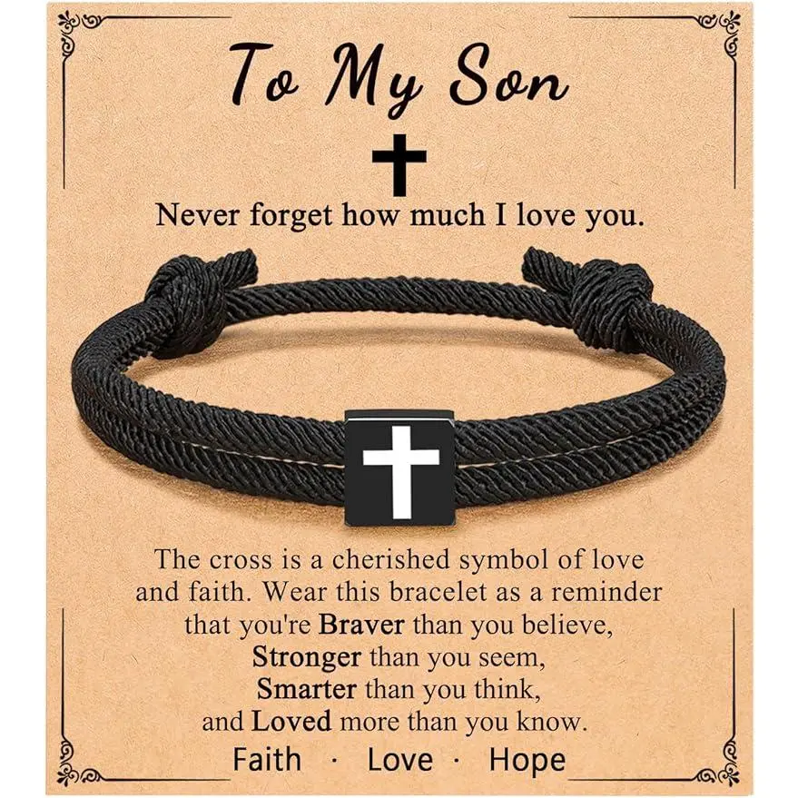 Classic High Quality Comfortable Rope & Steel Adjustable Cross Charm Bracelet - Mom’s Gift for Son, Christmas Valentine Birthday Present