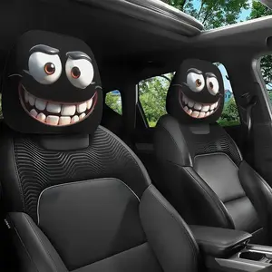 2pcs Set of Funny Big-Eyed Grinning Cartoon Print Car Seat Headrest Covers, Universal Fit for Long Road Trips & Daily Commutes – Perfect for Halloween/Christmas Holiday Decor, Car Interior Decoration, Car Decorations,  Car Truck SUV