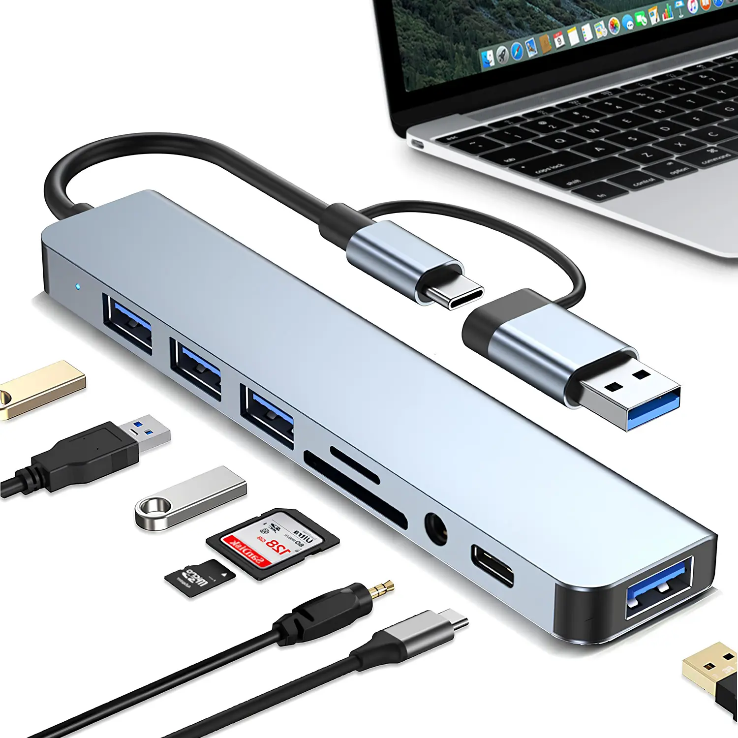 USB C Hub USB Splitter 8-in-1 USB Extender with 4 USB Port 1 USBC Jack TF/SD Card Reader 3.5mm Audio Output for MacBook Pro/iPad Pro/Laptop/Galaxy Phones/More