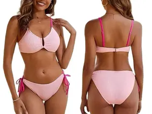 AgeRose Women's 2-Piece Underwire Bikini Top & Bathing Suit - U-Wire Support, Color Block, Textured Adjustable Straps, High Waist for Beach Vacation