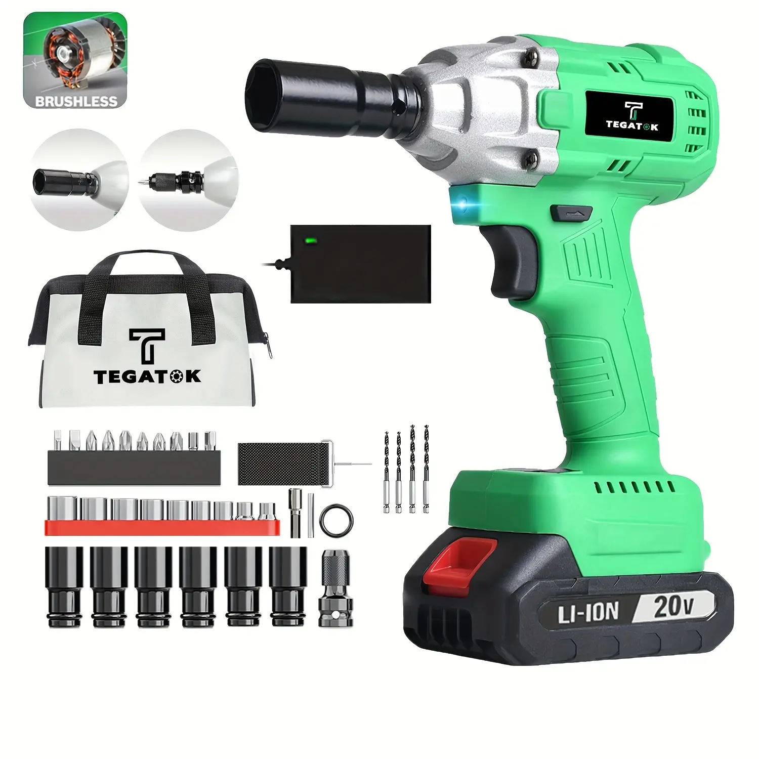Tegatok 20V Cordless 1/2-Inch Impact Wrench, 320 Nm and 3200 IPM Torque, Brushless Impact Gun with Battery and Charger, Wrench Accessory Set, 3-in-1