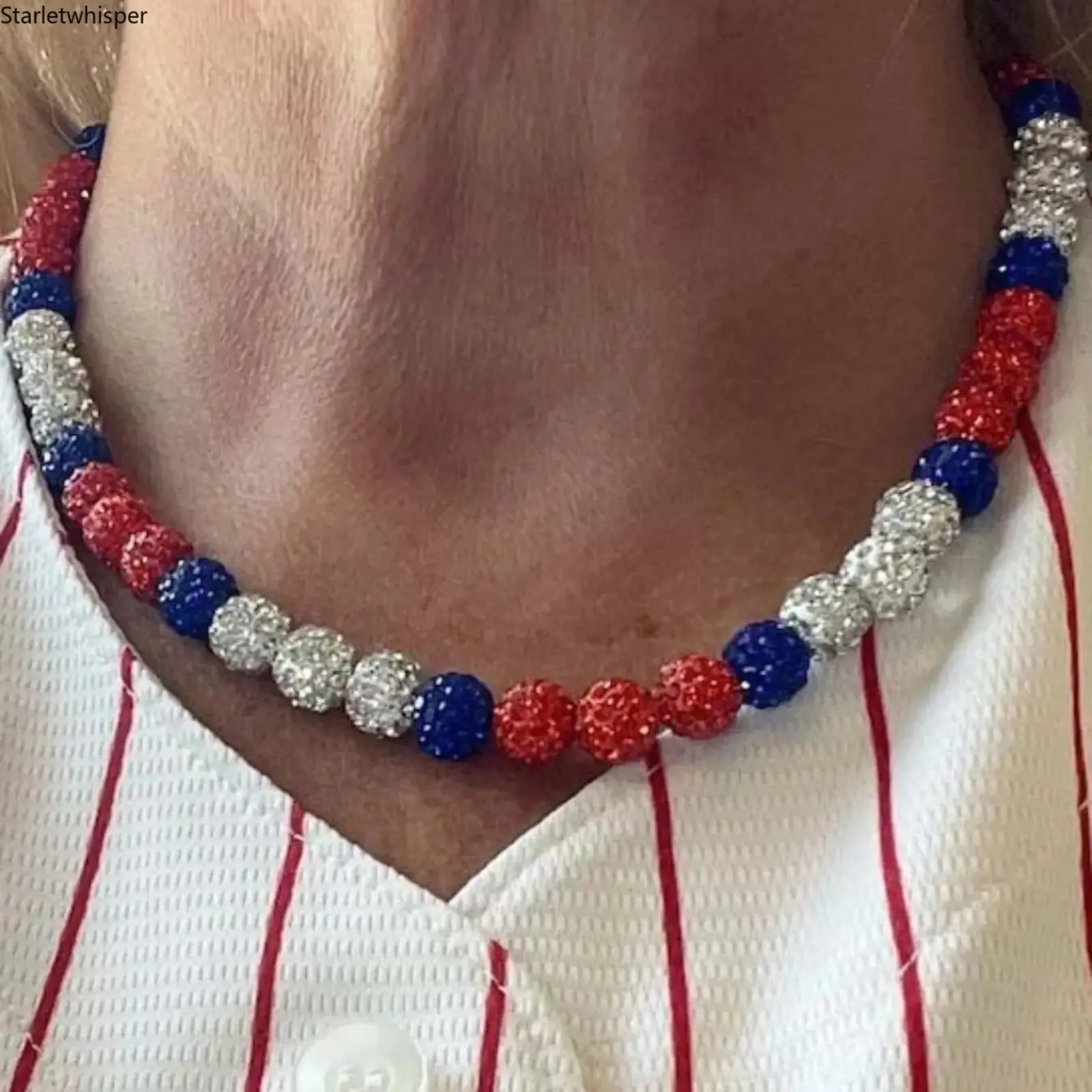 Sparkly Rhinestone Baseball Necklace, Multicolor Clay Bead Stretch Jewelry, Cool Hip Hop Unisex Accessory for Boys & Girls, Trendy Sports Style Ornament, Ideal Casual & Festival Gift