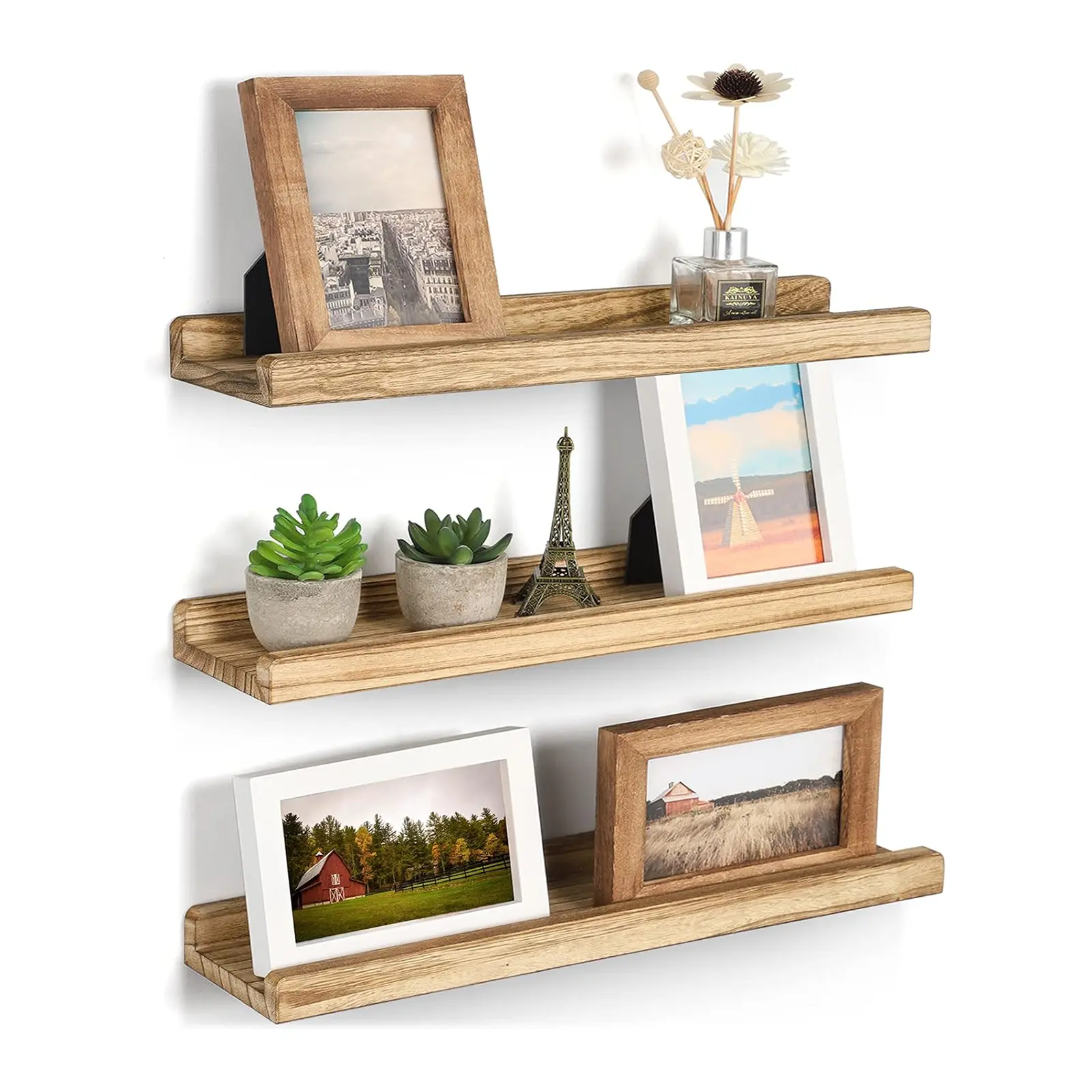 Floating Shelves for Wall, 16.9 Inch Wood Wall Shelves with Ledge for Living Room Bedroom Kitchen Bathroom, Set of 3 Rustic Picture Ledge Display Shelf, Wall Mounted Storage Rack for Books Frames Plants, Carbonized Black