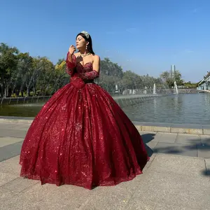 NO.40 Quinceanera Ball Gown Dress Sequin Lace Strapless Design Embroidered Lace Sleeves Mexican Sweet 15