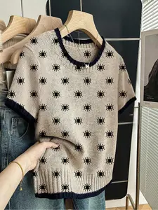 Eye Pattern Print Round Neck Sweater, Casual Short Sleeve Knitwear for Spring Summer Fall, Comfortable Warm Women's Clothing