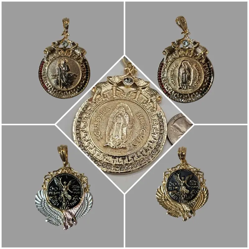 "14k gold filled medallions and centenario, available in various sizes and styles."