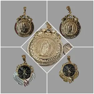 "14k gold filled medallions and centenario, available in various sizes and styles."