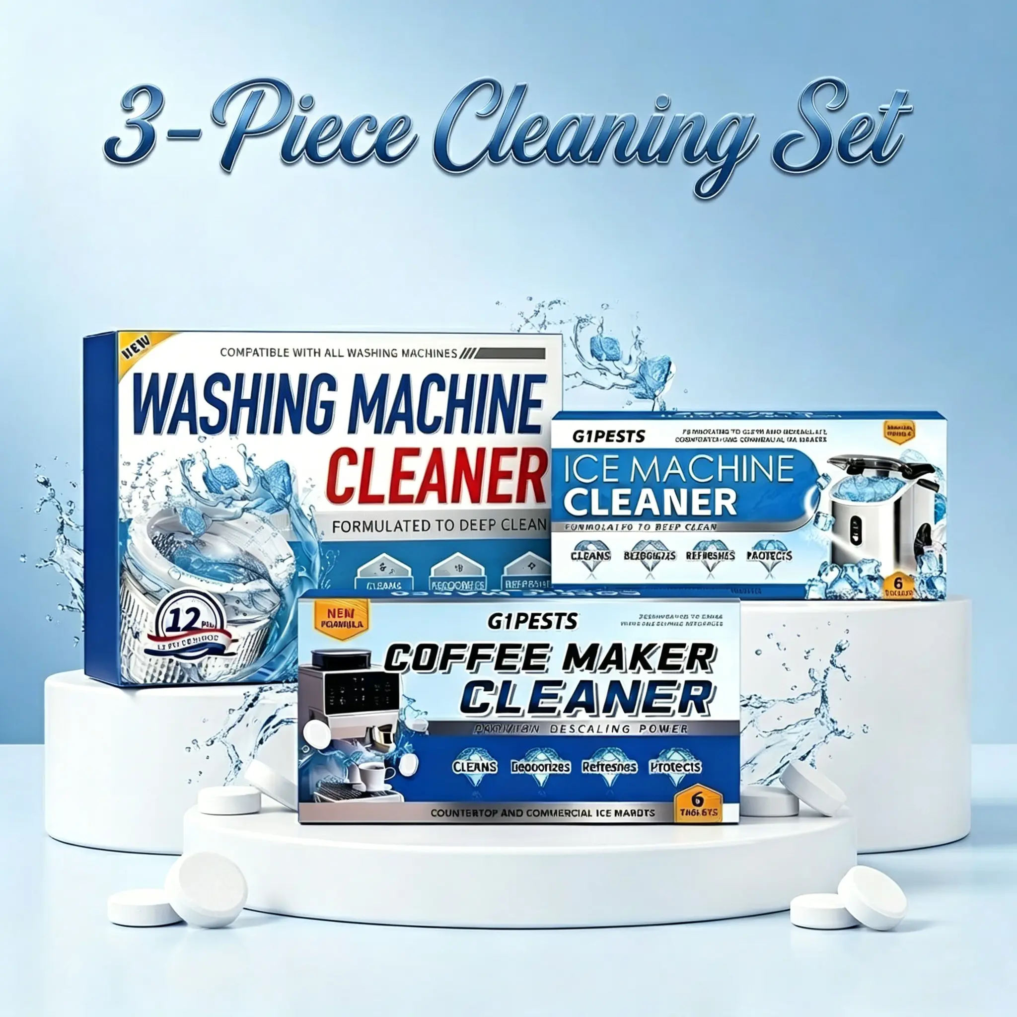 3-Pack Household Appliance Cleaning Effervescent Sanitizer Tablets - Low-Tox, Odor-Blocking, Descaling Solution for Washer, Coffee Pod Machine