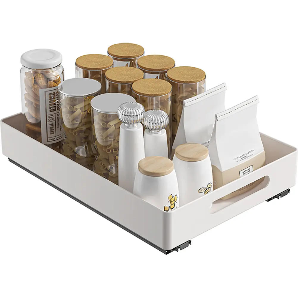 Gaomon Drawer Dresser Organizer, 14.5in Deep Smooth & Quiet Adjustable Slide-Out Drawer with Adhesive Film, Iron Racks for Space-Saving Kitchen Pantry Storage, White, Smooth And Quiet Operation