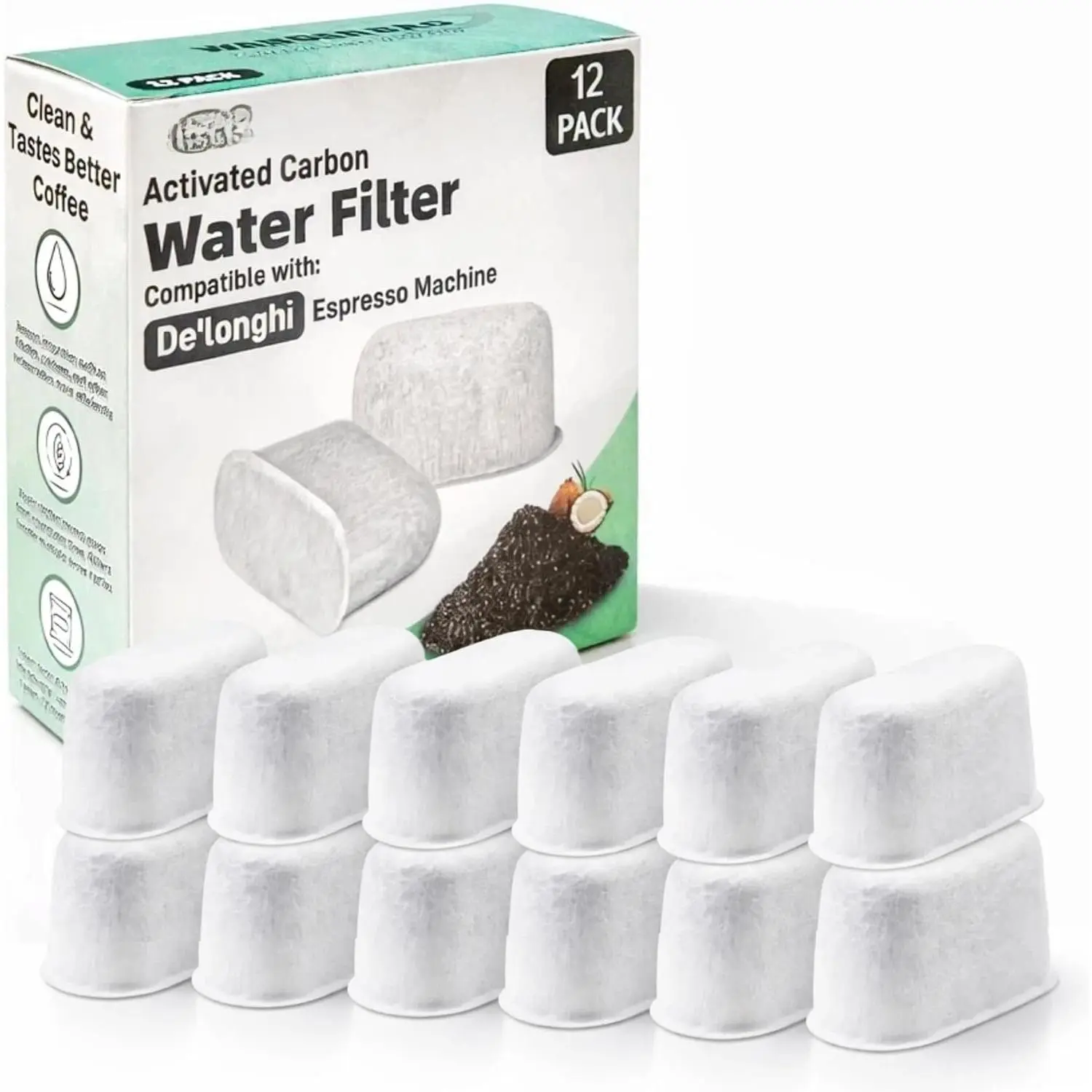 12 Pack Coconut Shell Activated Charcoal Water Filters for Delonghi Espresso Machines (COM530M, COM532M, BCO430) - Compatible with Delonghi 7313285779 Filter Accessories, Eco-Conscious for Daily Brewers, Manufacturer Warranty, Eco-Conscious Design