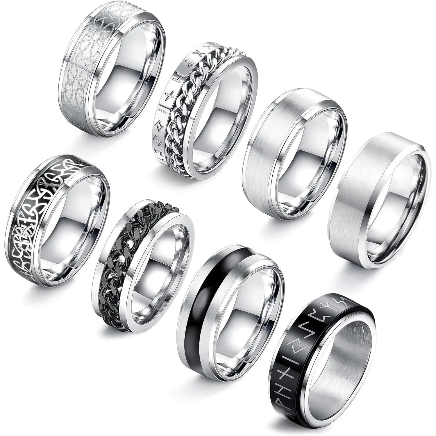 FLORIDECO 8-Pcs High-Polish Stainless Steel Stackable Finger Rings Set - Stacking Fidget Spinner Bands, Elegant Vintage Men's Durable Rings, Sizes 7-13,summerwins