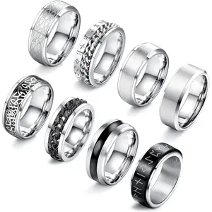 FLORIDECO 8 Pcs Stainless Steel Rings High Polished Mens Band Wedding Engagement Fidget Rings for Men Vintage Spinning Design Durable Polished Finish Unique Sizes 7-13
