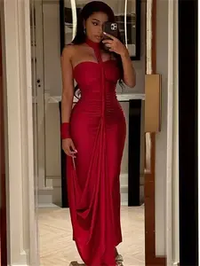 Women's Fitted Halter Backless Slim-Fit Pullover Maxi Dress with Skinny Hand Straps - Premium Fabric, Women's Clothes, Formal Evening Wear for Special Occasions, Festive Classy Chic Bold Party Dresses