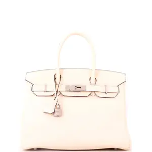 Pre-owned HERMÈS Leather Top Handle Bags Hermes Birkin Handbag Light Clemence with Palladium Hardware 30 by Rebag
