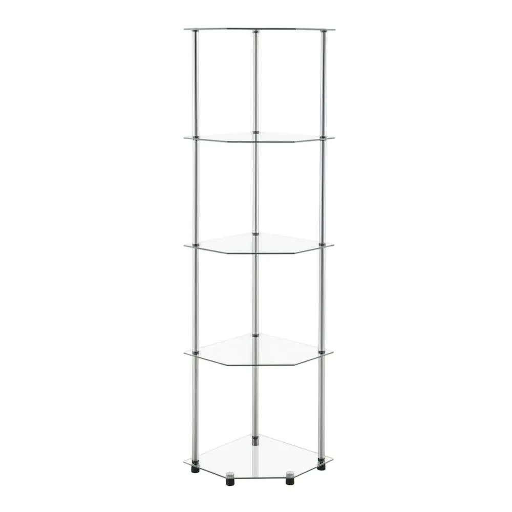 5-Tier Gray Glass Corner Tower Shelf with Steel Frame, Easy Assembly for Home Decor & Storage, Shelves