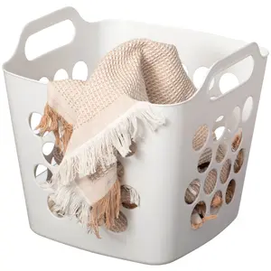 212 MAIN QI003857.WT 28L White Flexible Plastic Square Laundry Basket - Dirty Clothes Hamper, Clothes Baskets, Laundry Bin Sorter with Ventilation Holes, Waterproof Cutouts, Side Hand Carry Handles for Household Storage